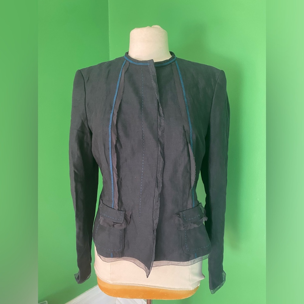 DKNY navy wool linen Tailored Jacket with Blue raw organza Trim